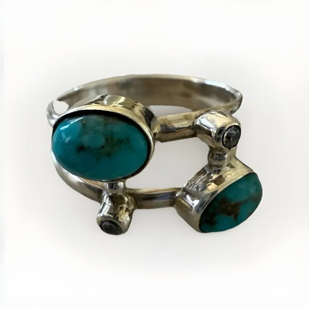 Cubic Zirconia Sterling Silver & Turquoise Spiral Stacked Ring Sz 9